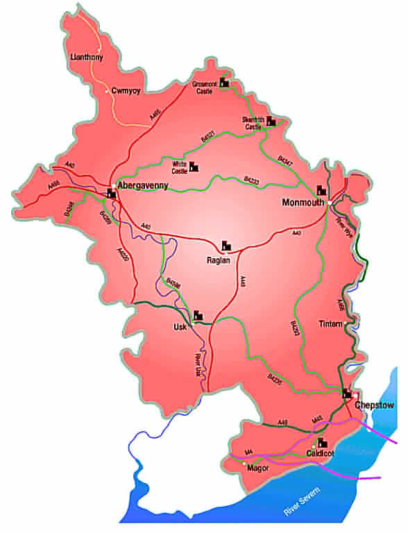 Interactive Map of Monmouthshire in Wales - Click on a town for further information