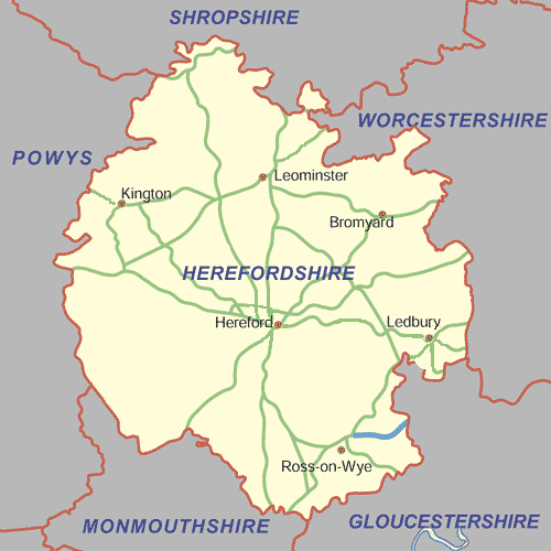 Map of the County of Herefordshire in England UK - Click on the name of a Herefordshire town for further information